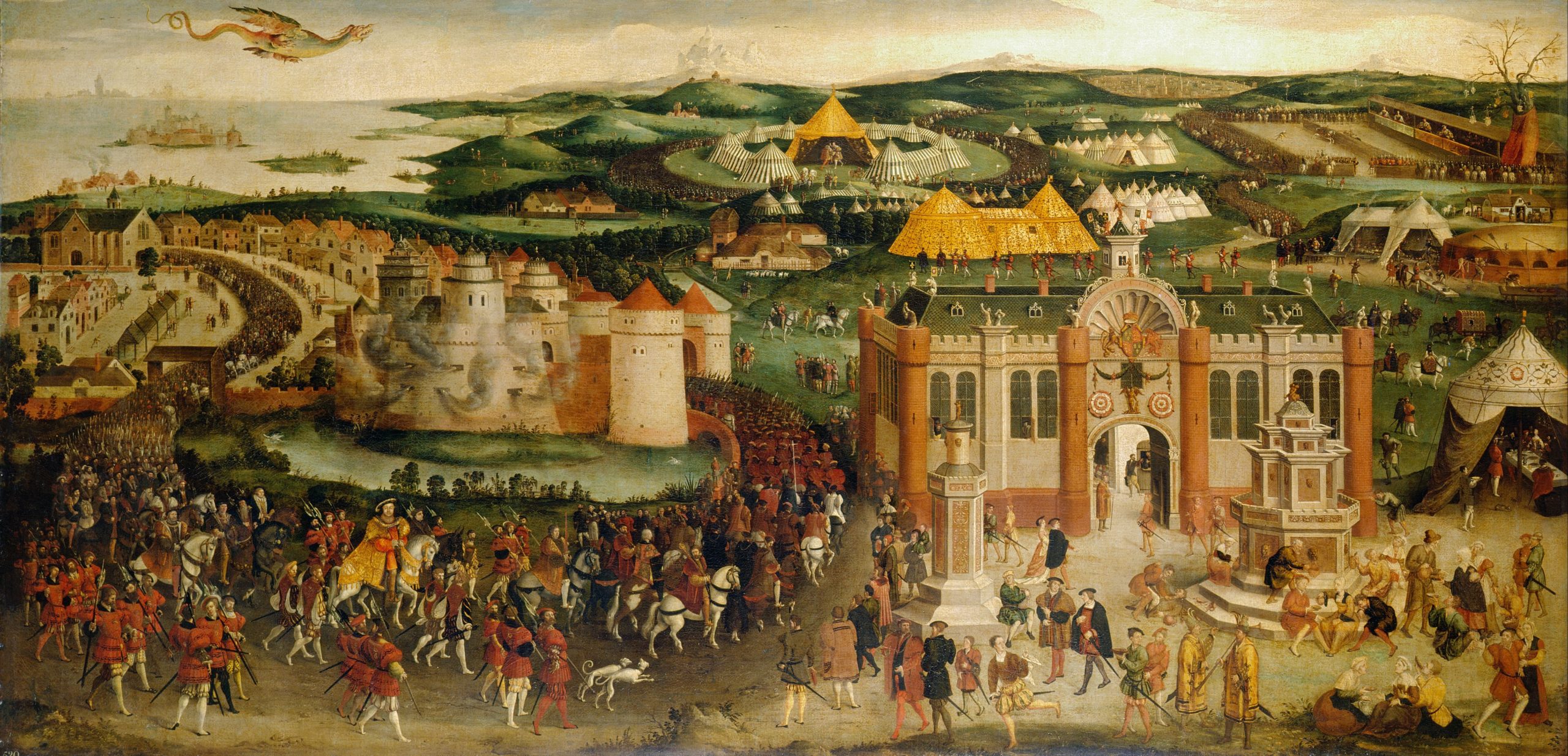 &Eacute;cole anglaise, Le Camp du Drap d&rsquo;Or. Huile sur toile, dat&eacute;e de 1545 et conserv&eacute;e dans lao Royal Collection de la famille royale britannique.