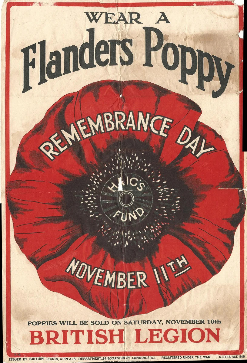 Affiche du Jour du Souvenir éditée par la Légion britannique après la Première Guerre mondiale, invitant la population à porter un coquelicot le 11 novembre. Vers 1923 © Royal British Légion
