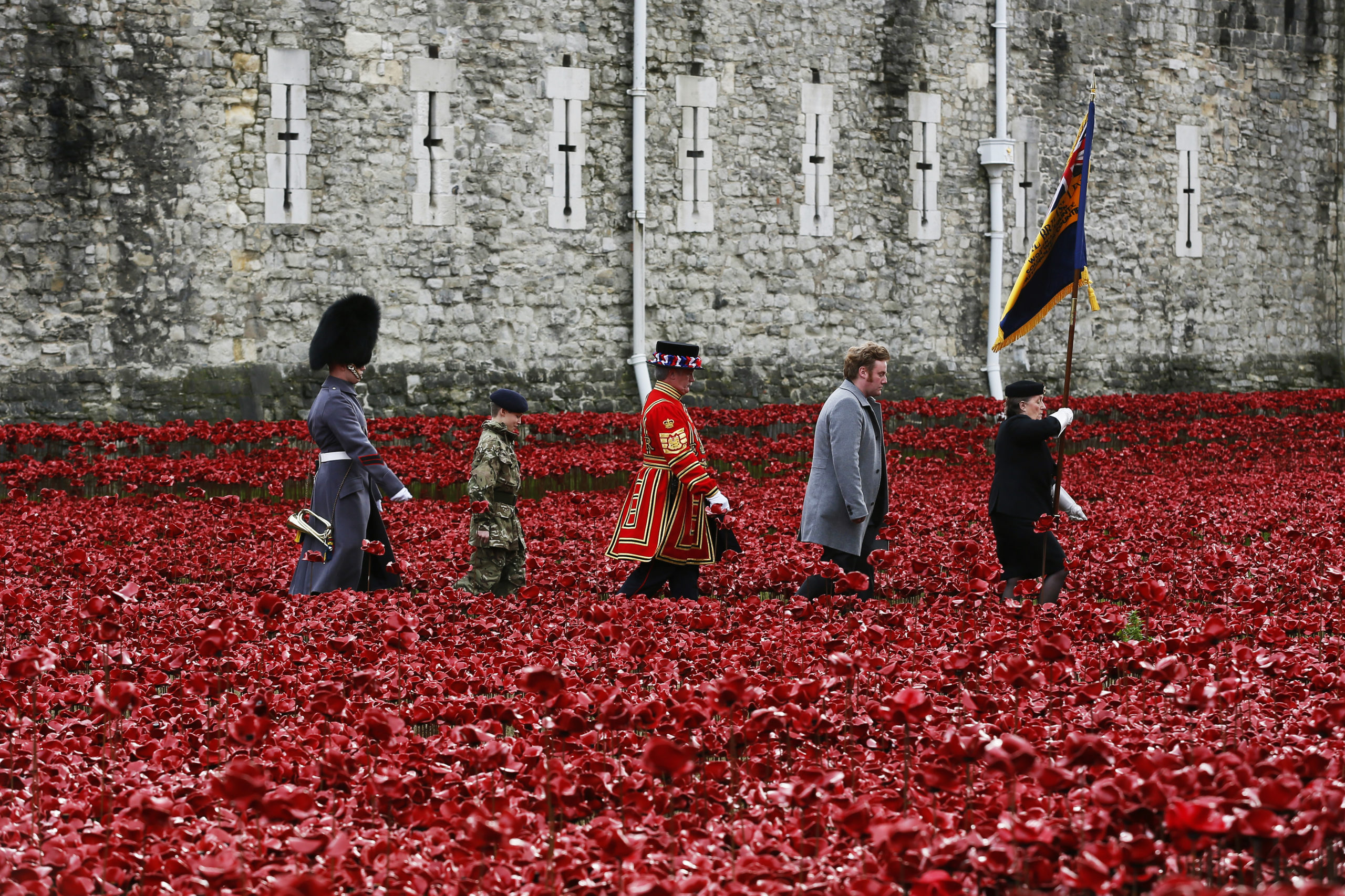 L'artiste Paul Cummins (en complet gris) et des militaires passent devant son œuvre faites de coquelicots en céramique, composant l'installation artistique Blood Swept Lands and Seas of Red (« Terres et mers rouges balayées par le sang ») © REUTERS/Stefan Wermuth